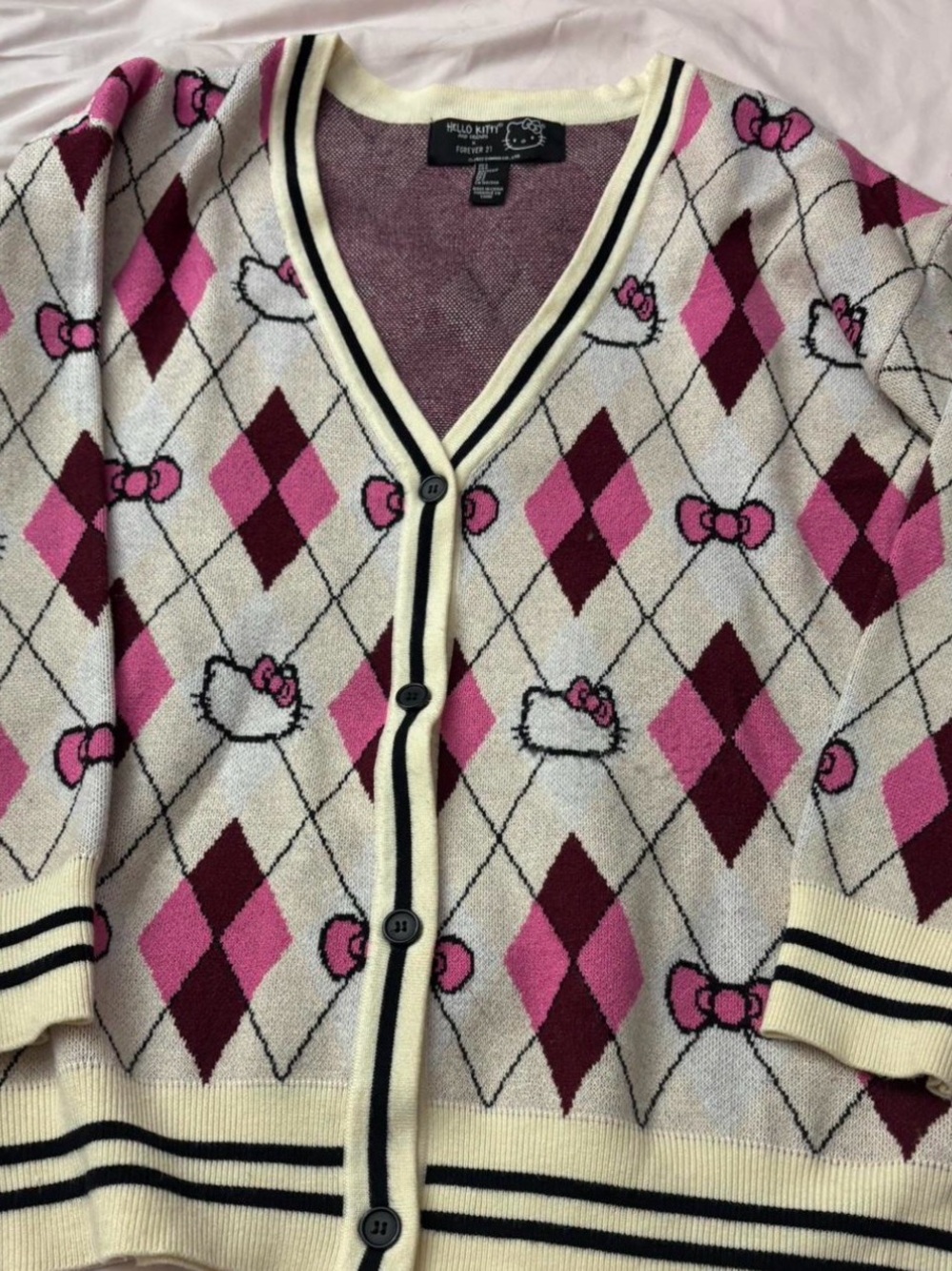 Forever 21 Cream Cardigan with Pink and Burgundy Argyle